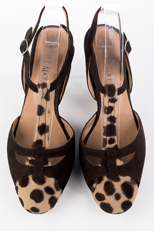 Chocolate brown women's open back T-strap shoes. Round toe. Medium spool heels. Top view - Florence KOOIJMAN